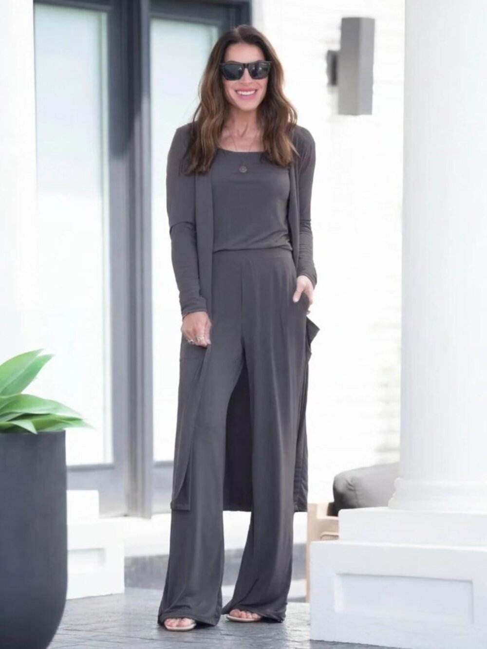 Brigitte Brianna Lifestyle Cardigan slate gray stretch jersey longline duster S